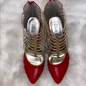 Red and gold pointy toe high heels